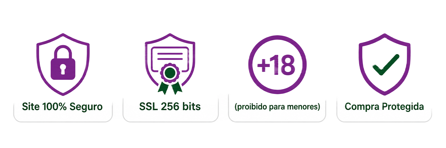 Selos de segurança: site seguro, SSL 256 bits, proibido para menores de 18 e compra protegida